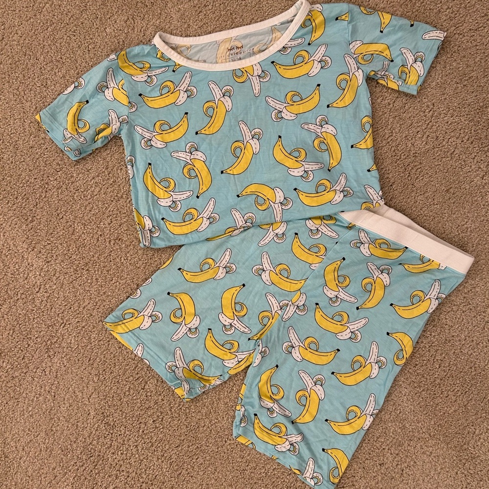 Little Sleepies Banana Print Pajama Set - Blue and Yellow | Kids size 12/14